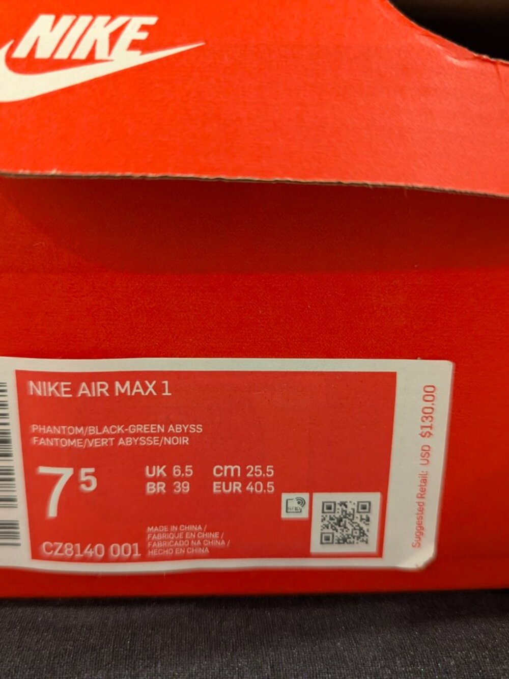Men's Nike Air Max 1 - Sz 7.5M - Phantom/Black-Green Abyss - Picture 2 of 6